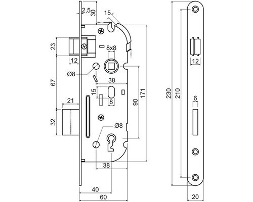 Technický nákres zadlabacího zámku s rozměry