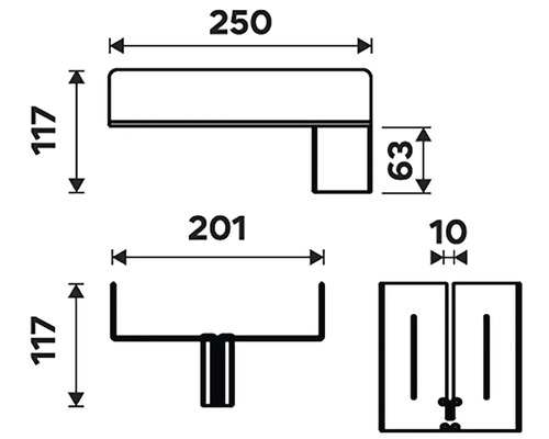 Technický nákres umyvadlové skříňky s rozměry.
