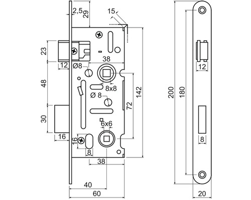 Technický výkres zadlabacího zámku s rozměry