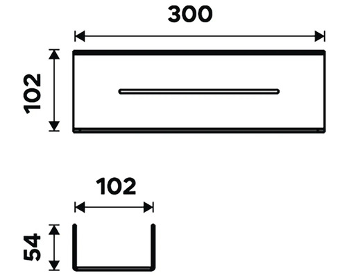 Technický výkres s rozměry výrobku: délka 300, výška 102, hloubka 54.