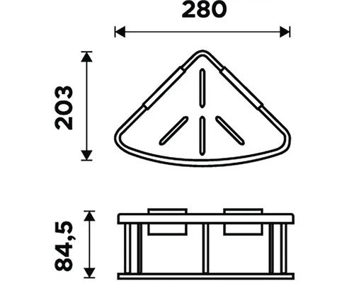 Technický nákres rohové police s rozměry