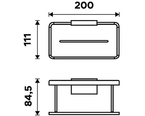 Technický výkres dávkovače mýdla o rozměrech 200, 111 a 84,5 milimetrů.