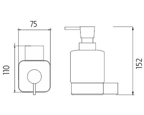 Technický výkres dávkovače mýdla s rozměry