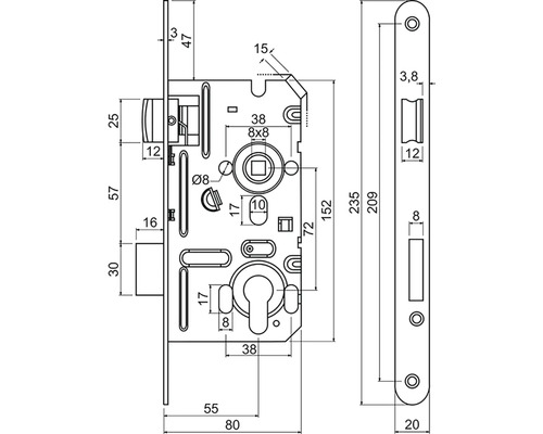 Technický nákres zadlabacího zámku s rozměry