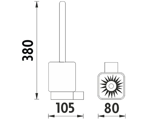 Technický nákres WC sady s rozměry: výška 380 mm, hloubka 105 mm, šířka 80 mm