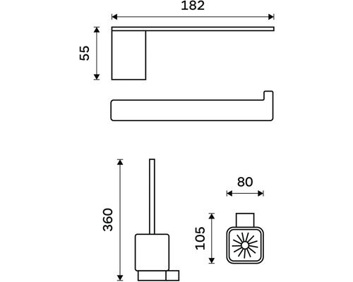 Technický nákres sady koupelnových doplňků s držákem toaletního papíru, sadou štětek a držákem náhradního papíru s rozměry