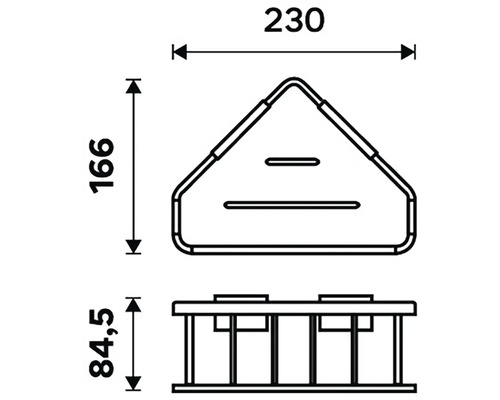 Technický nákres rohové police s rozměry