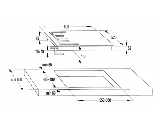 Technický nákres varné desky s rozměry