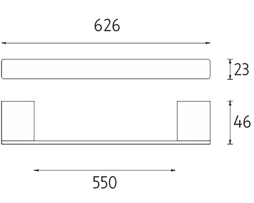 Technický výkres nástěnné police o rozměrech 626 mm šířka, 23 mm výška, 550 mm hloubka a 46 mm výška