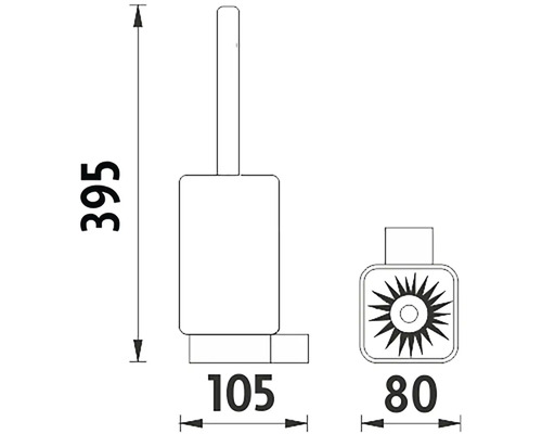 Technický výkres toaletní štětky o rozměrech výška 395 mm, šířka 105 mm a hloubka 80 mm.