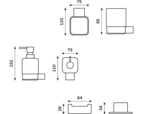 Technický nákres sady koupelnových doplňků s dávkovačem mýdla, držákem na zubní kartáčky a miskou na mýdlo s rozměry