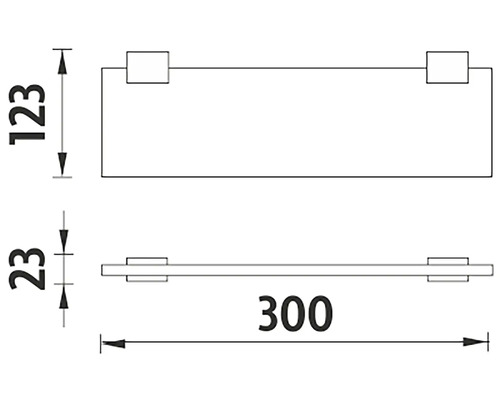 Technický nákres nástěnné police o rozměrech 123, 23 a 300 milimetrů
