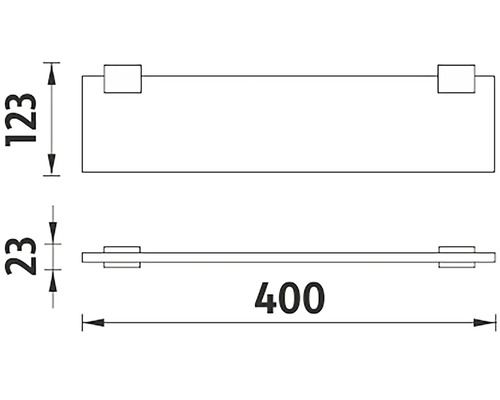 Technický nákres skleněné police o rozměrech 400 x 123 x 23 mm