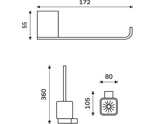 Technický nákres sady koupelnových doplňků s držákem toaletního papíru a WC kartáčem s nádobou a rozměrovými údaji