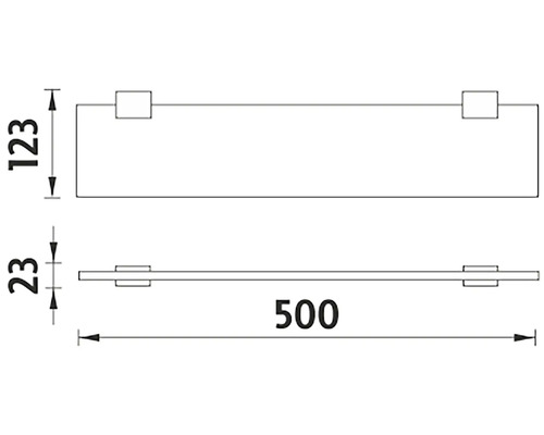 Technický výkres nástěnné police o rozměrech 123, 23 a 500 milimetrů.