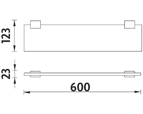Technický nákres nástěnné police s rozměry 123, 23 a 600.
