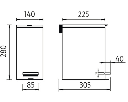 Rozměrový nákres odpadkového koše s pedálovým ovládáním a rozměry 280 x 140 x 305 mm