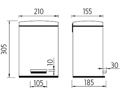 Technický nákres pedálového koše s rozměry