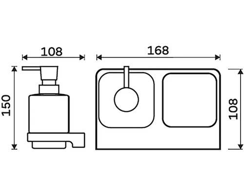 Technický nákres dávkovače mýdla a odkládací police s rozměry