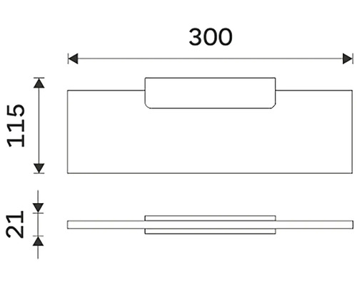 Technický výkres úchytky o rozměrech 300 x 115 x 21 milimetrů