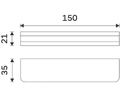 Technický výkres s rozměry: délka 150, výška 21 a 35