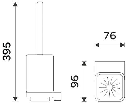 Technický nákres WC štětky o rozměrech 395 mm výška, 76 mm šířka a 96 mm hloubka.