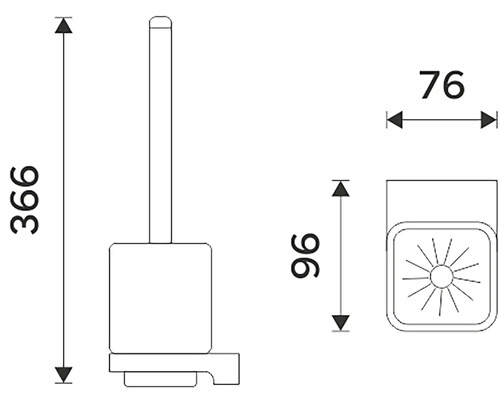 Technický nákres WC štětky s držákem a rozměry výška 366 mm, šířka 76 mm a hloubka 96 mm.