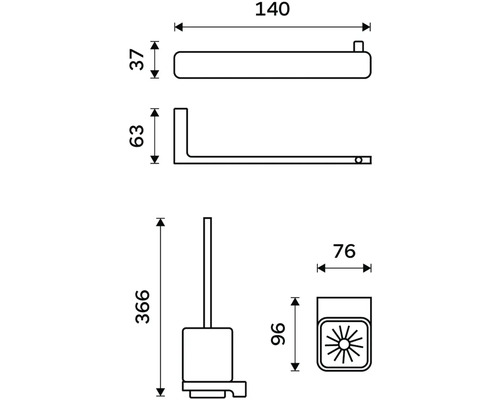 Technický nákres sady koupelnových doplňků s držákem toaletního papíru a WC štětkou s držákem, včetně rozměrů