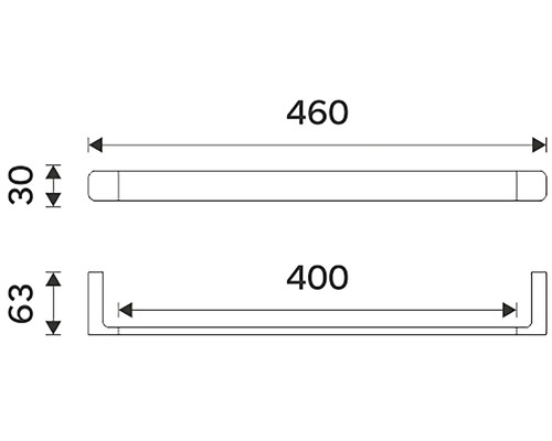 Technický výkres držáku na ručníky s rozměry.
