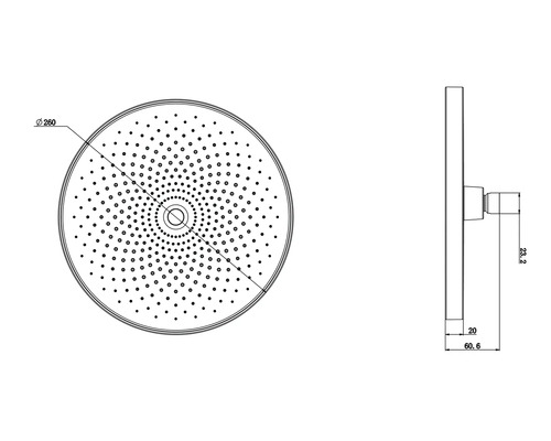 Technický nákres sprchové hlavice o rozměrech 260 mm v průměru, 23,2 mm na výšku, 20 mm do hloubky a 60,6 mm celkové hloubky.