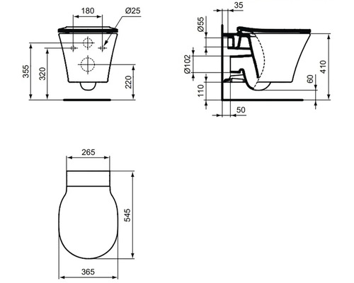 Technický nákres závěsného WC s rozměry