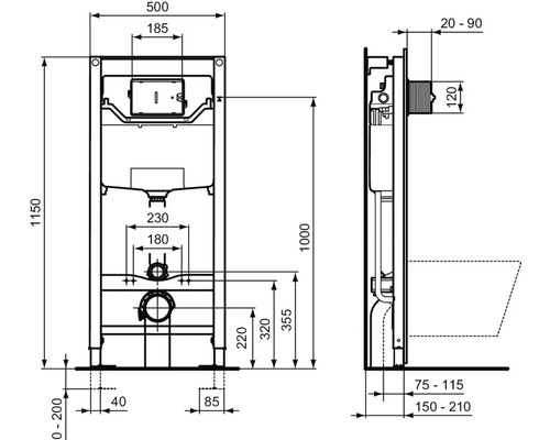 Technický nákres instalačního modulu pro závěsné WC s rozměry.