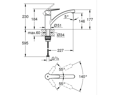 Kuchyňská baterie s jednopákovou směšovací baterií GROHE Start 2021 chrom lesklá 32441002 Technický nákres kuchyňské baterie s rozměry.