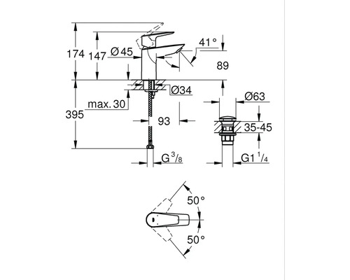 Technický výkres vodovodní baterie s rozměry
