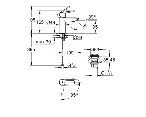 Technický výkres umyvadlové baterie s rozměry