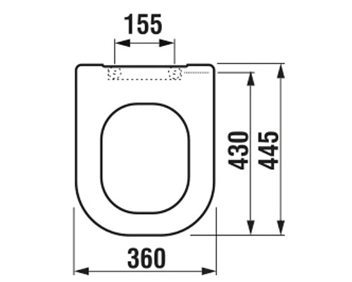 Technický nákres WC sedátka s rozměry.