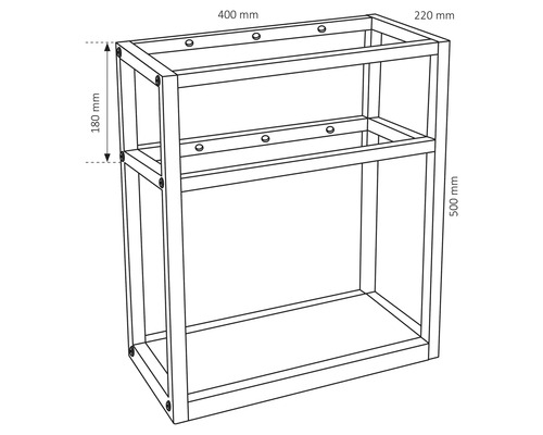 Obrysový nákres skříňky pod umyvadlo o rozměrech 400 mm šířka, 220 mm hloubka a 500 mm výška.