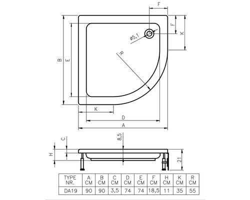 Technický výkres sprchové vaničky s rozměry