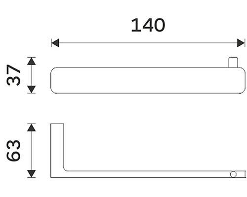 Technický nákres držáku na ručníky o rozměrech 140 x 37 x 63 milimetrů.