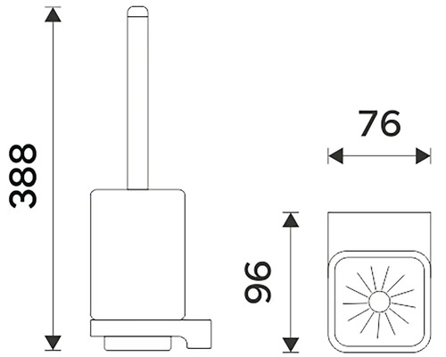 Technický výkres toaletní štětky s držákem a rozměry 388 mm výška, 76 mm šířka a 96 mm hloubka