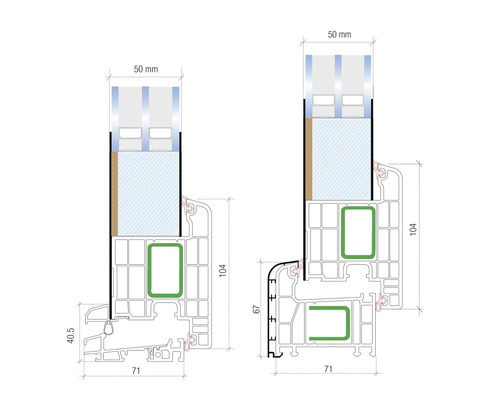 Technický nákres dvou okenních profilů s rozměry.