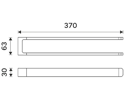 Technický nákres držáku na ručníky s rozměry 370 mm šířka, 63 mm výška a 30 mm hloubka