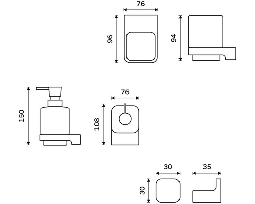 Technický výkres sady koupelnových doplňků s rozměry