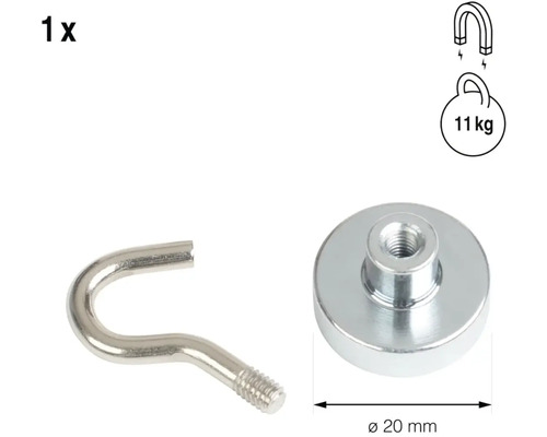 Magnet s hákem, průměr 20 milimetrů, přídržná síla 11 kilogramů