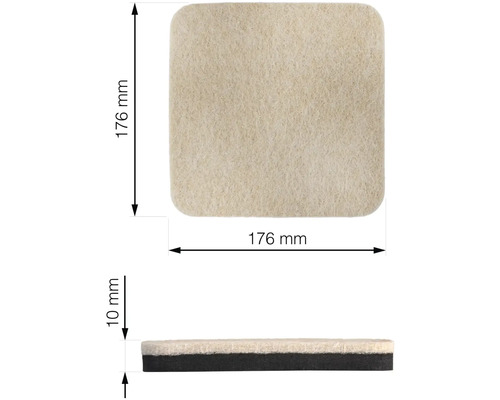 Čtvercový kluzák na nábytek, 176 mm široký a dlouhý, 10 mm silný