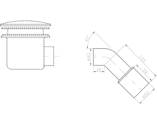 Technický nákres výpustného ventilu s kolenem a rozměry