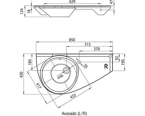 Technický nákres umyvadla Avocado s rozměry