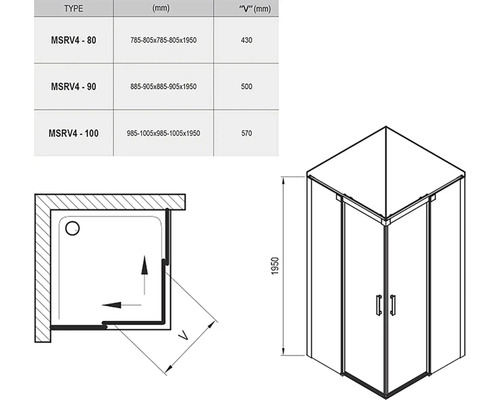 Technický nákres sprchového koutu s rozměry a detaily produktu