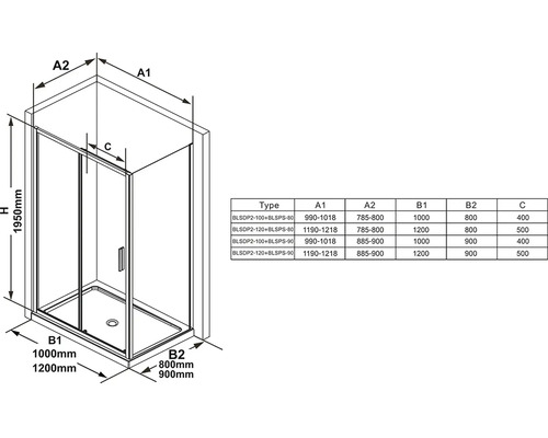 Technický výkres sprchového koutu s rozměry a přehledem typů
