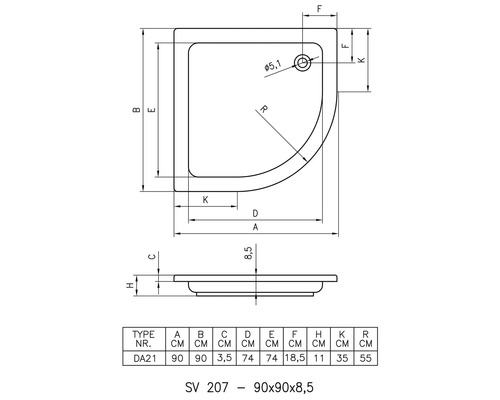 Technický výkres sprchové vaničky s rozměry